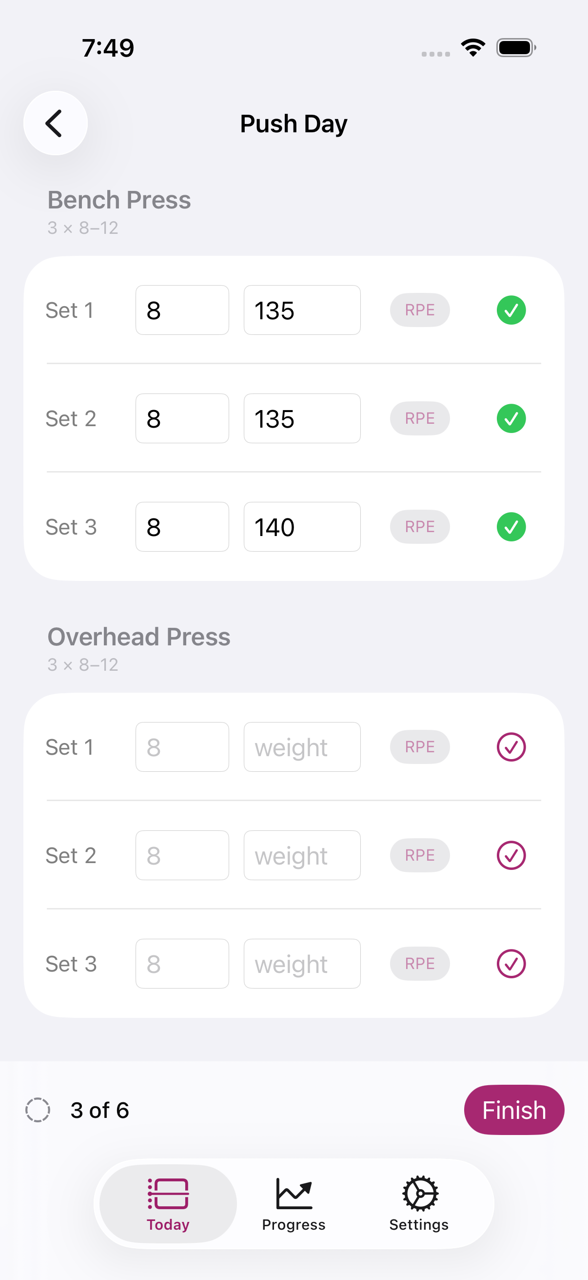 Logging sets inline during a workout, with a rest timer running