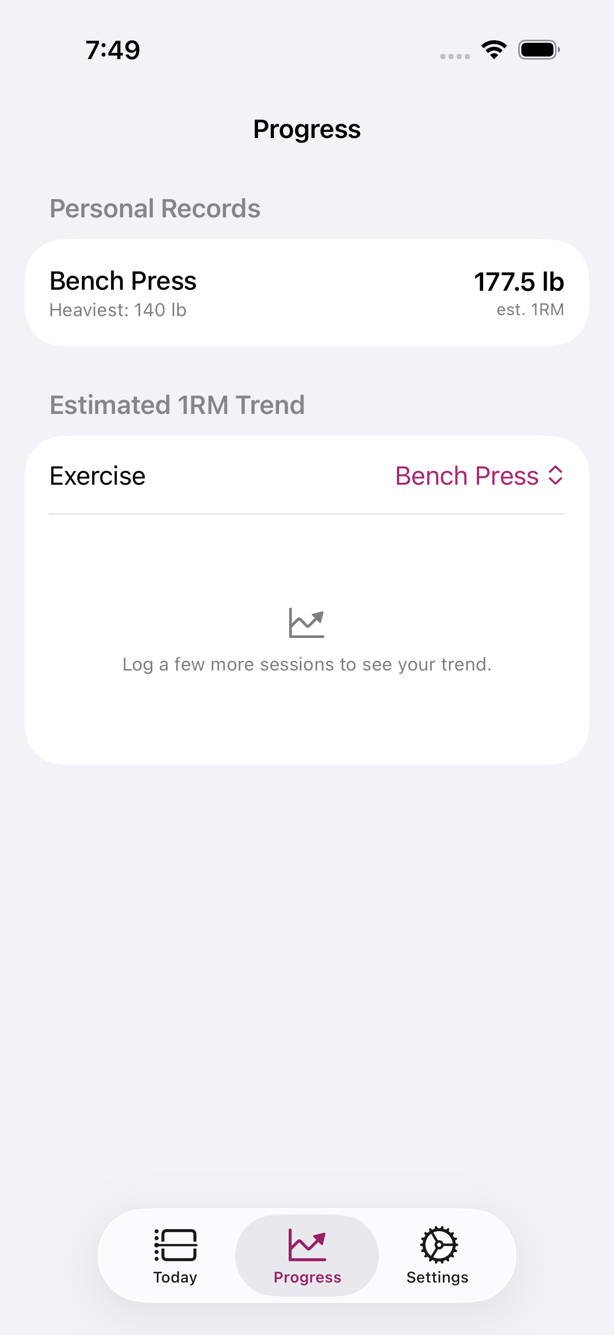 Progress screen showing personal records and an estimated 1RM trend